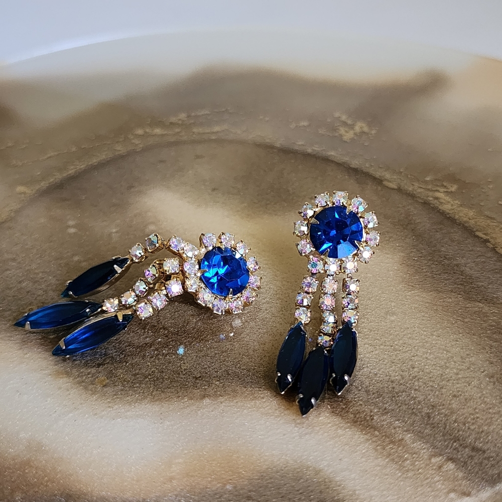 Vintage Rhinestone Sapphire Blue Aurora Borealis Gold Dangle Drop Earrings - Picture 4 of 5